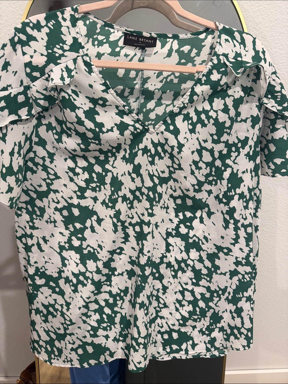 Lane Bryant Green and White Abstract Print Ruffle Sleeve Blouse